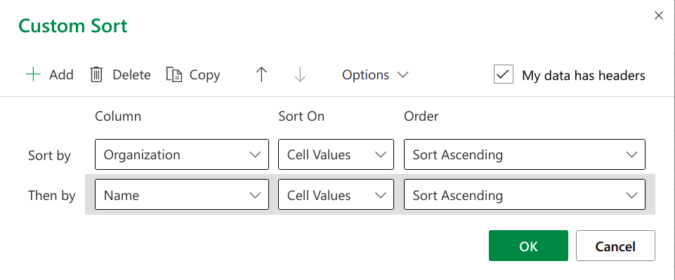 dialog box opened to add the columns by which the sorting will take place