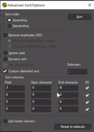 UltraEdit Advanced Sort-Options dialog box