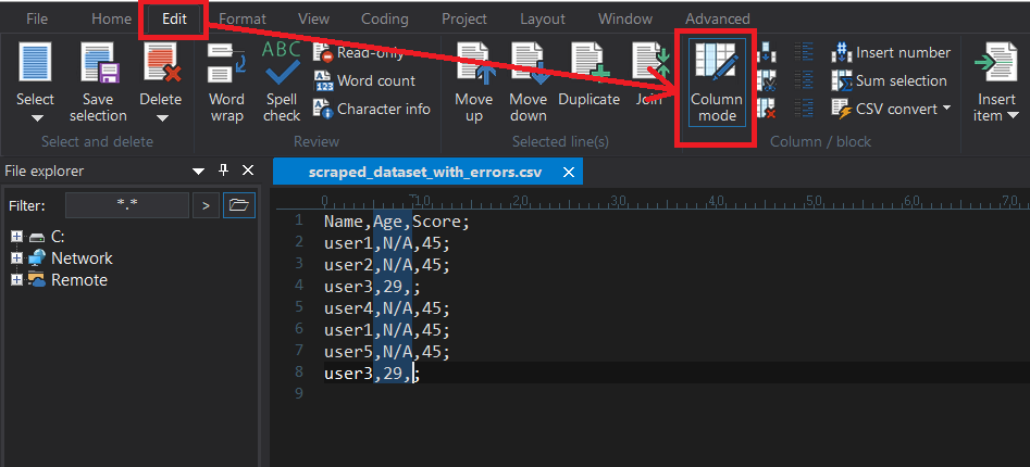 Using Column Mode in the UltraEdit text editor to select and delete empty values