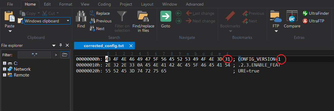 Corrected text file in hex mode