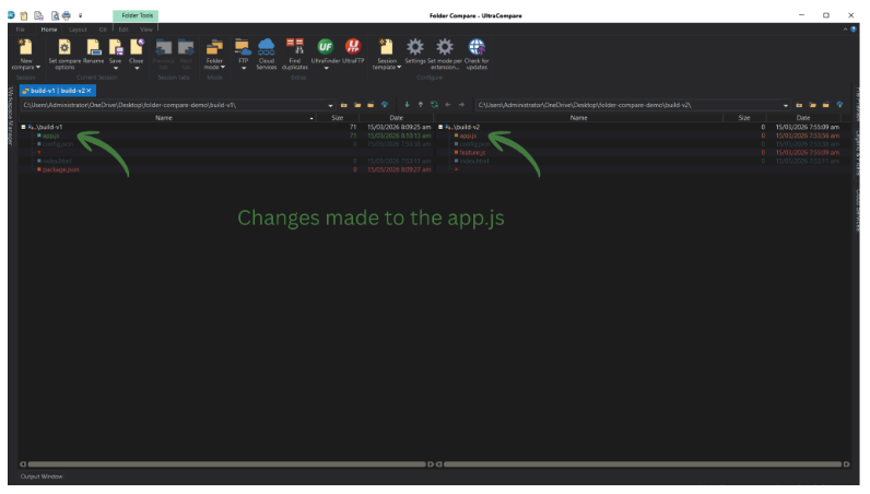 Screenshot showing UltraCompare identifying modified files during folder comparison on Mac