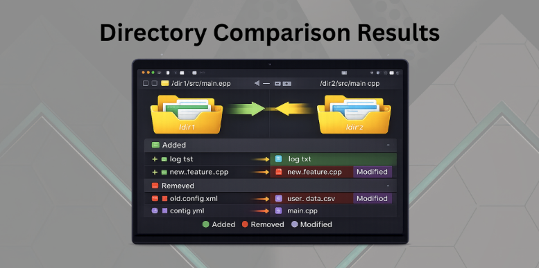 Illustration of directory comparison results highlighting added, deleted, and modified files in two folders on Mac