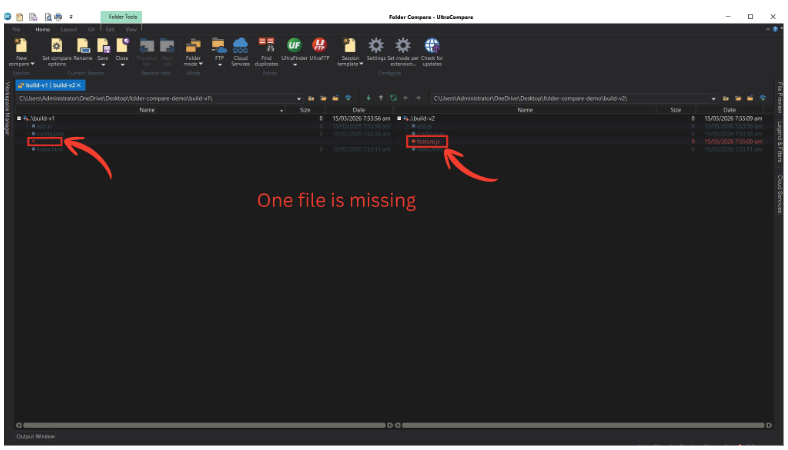 Screenshot showing UltraCompare detecting a missing file when comparing two folders on Mac