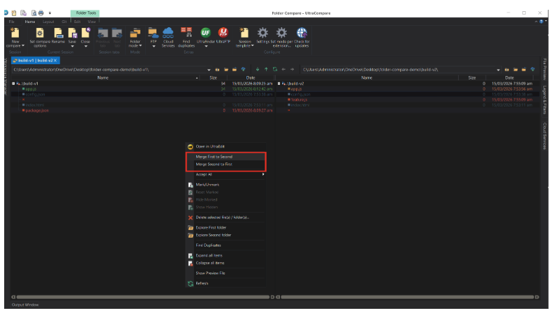 Screenshot showing UltraCompare merge options for combining file changes when comparing two folders on Mac