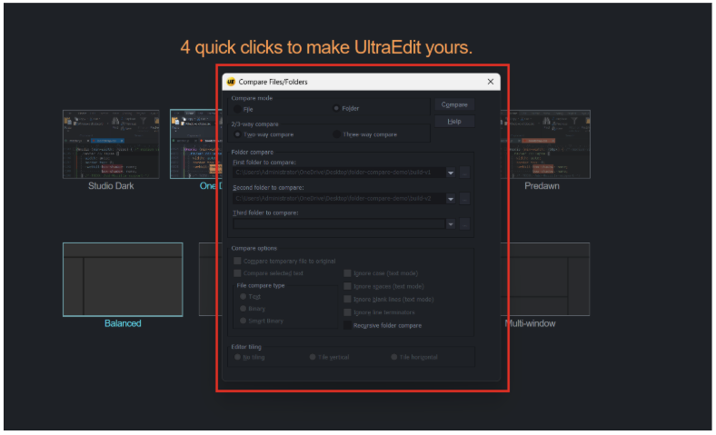 Screenshot showing the Folder Compare dialog in UltraCompare for selecting and comparing two directories on Mac.